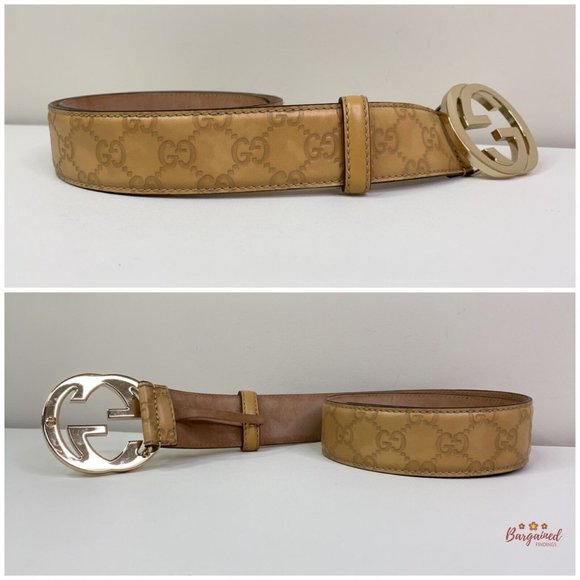 Authentic GUCCI Beige Guccissima Leather Interlocking G Gold Buckle Belt 80/32 - Picture 10 of 13